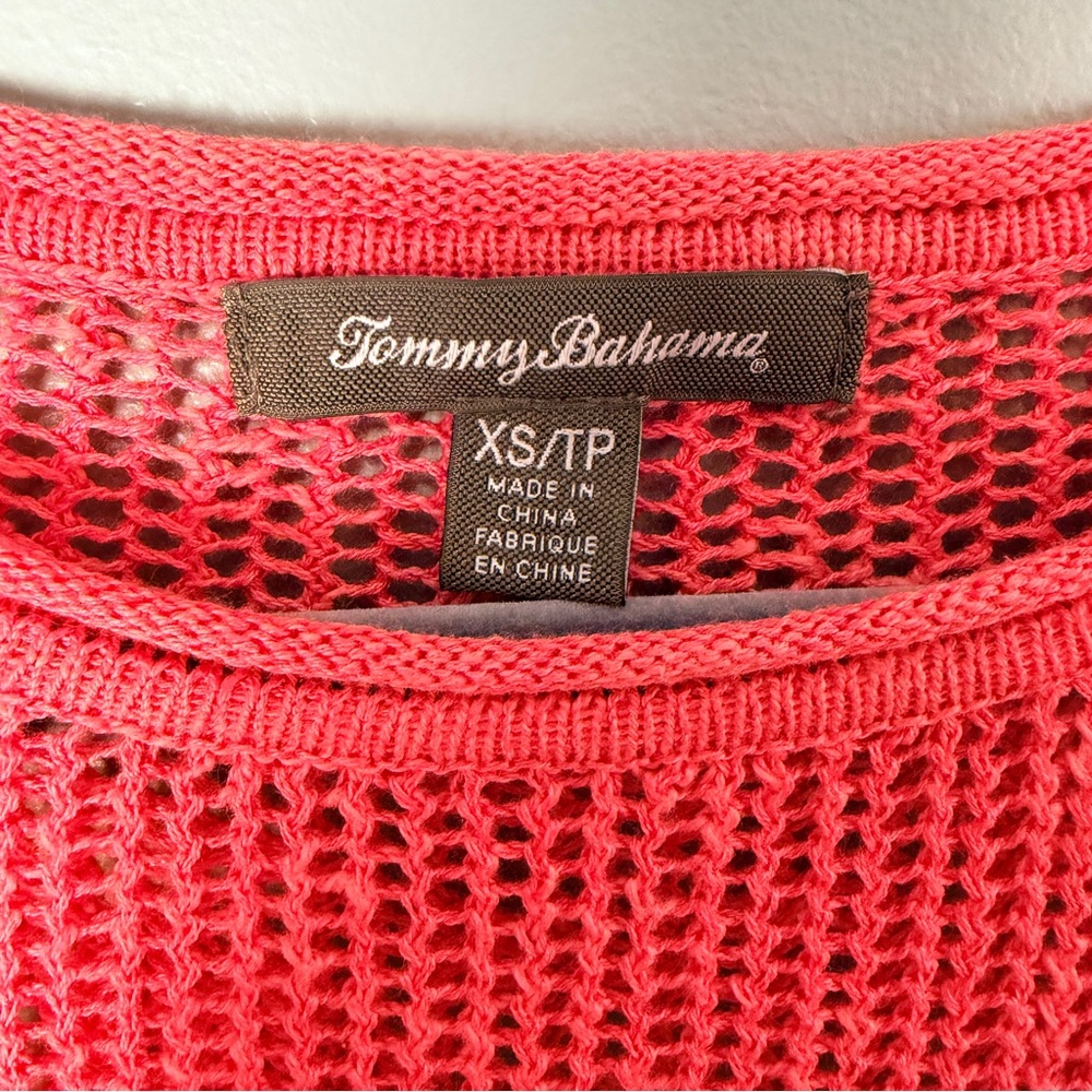 Tommy Bahama Coral Linen Blend Open-Knit Crewneck Sweater Striped Sleeve XS - Picture 2 of 5
